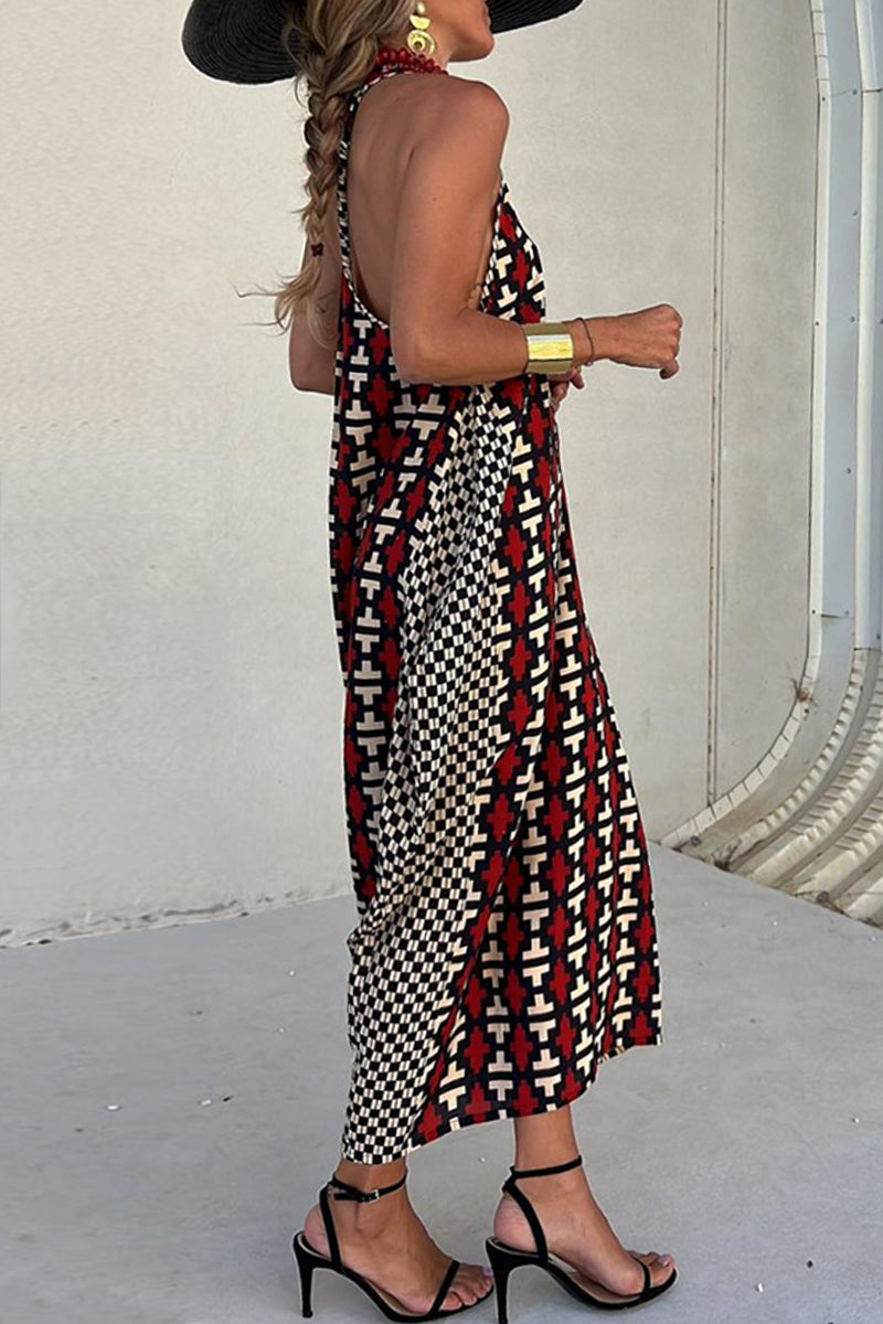 Print Backless U Neck Long Dresses