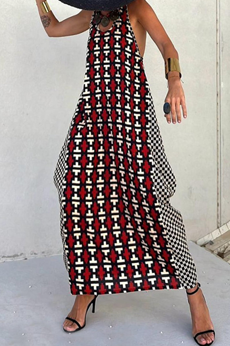 Print Backless U Neck Long Dresses