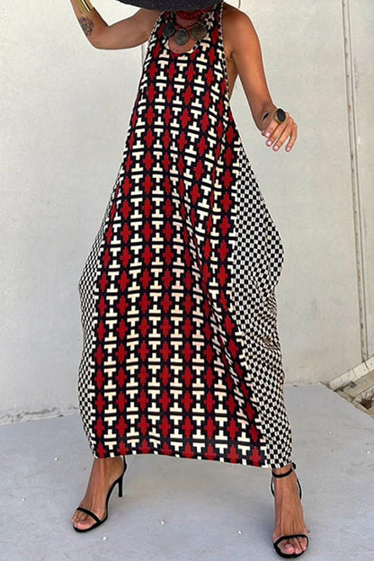Print Backless U Neck Long Dresses