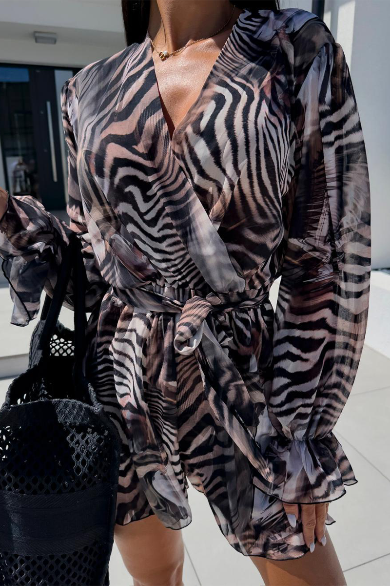 Vacation Zebra Print Flowers Lace Up Contrast V Neck Loose Rompers(3 Colors)