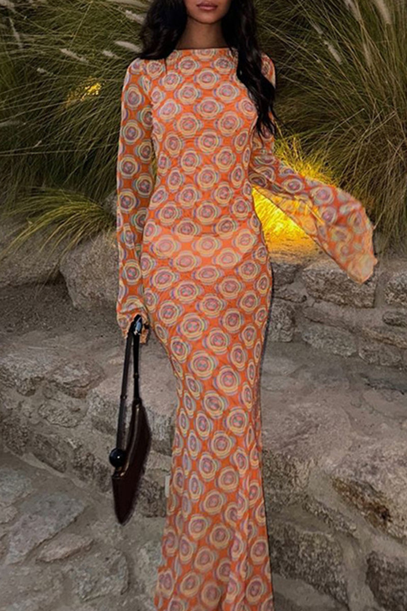 Print Patchwork Backless O Neck Long Dresses