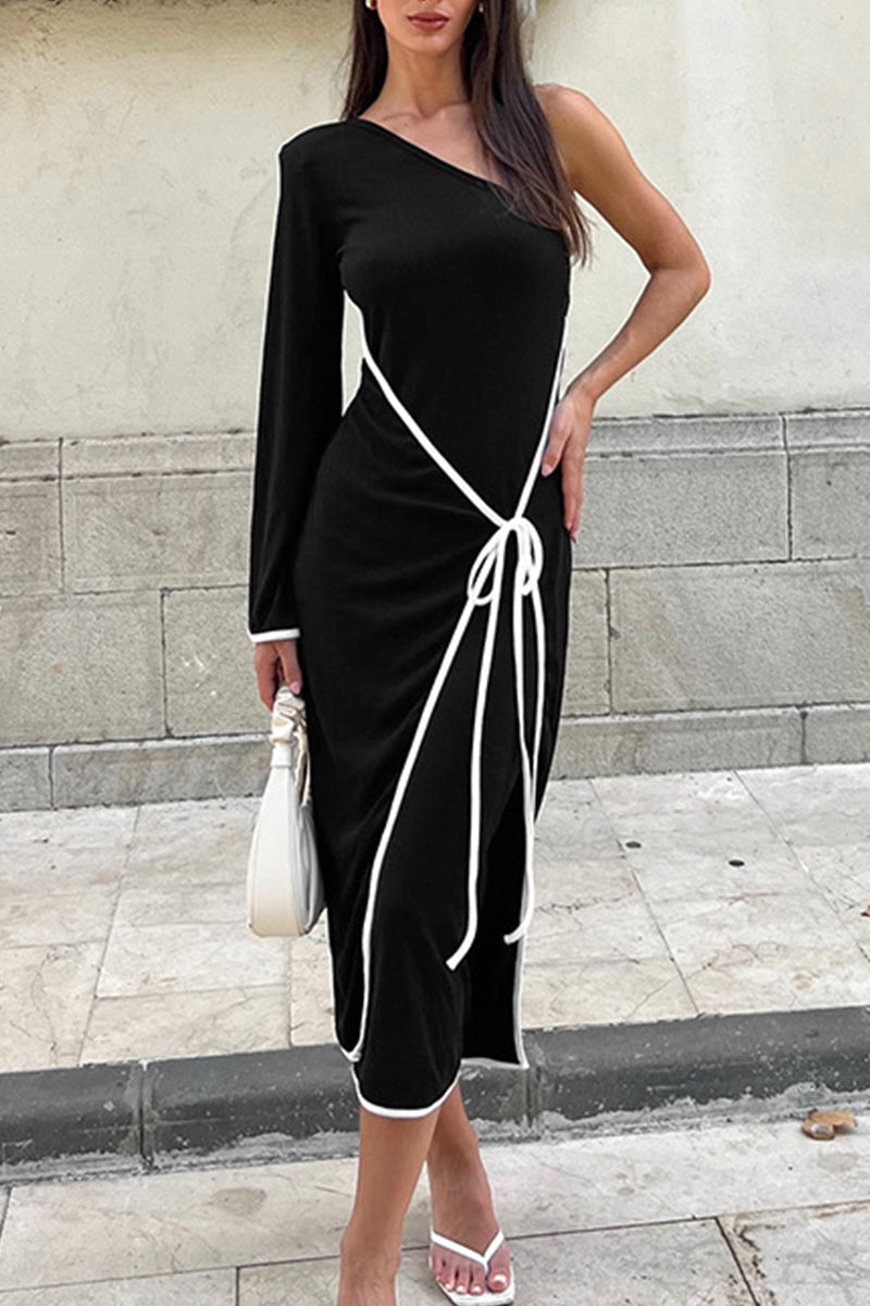 Patchwork Backless Strap Design Contrast Oblique Collar Long Dresses