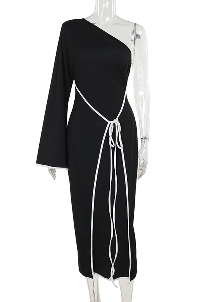 Patchwork Backless Strap Design Contrast Oblique Collar Long Dresses