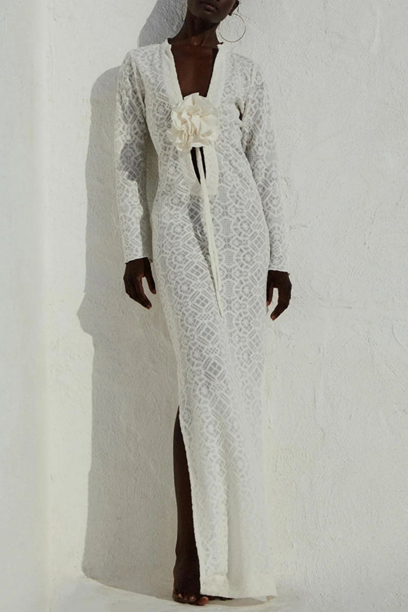 Flowers Slit V Neck Long Dresses