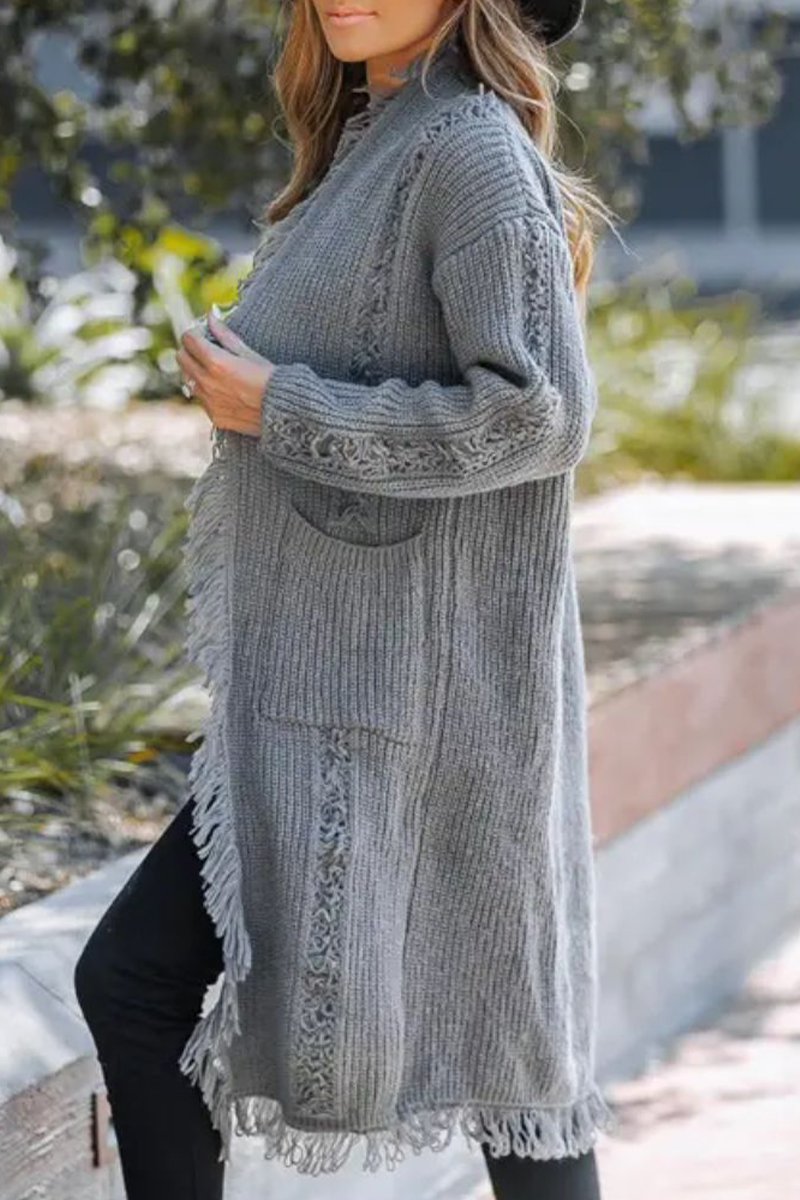 Fringed Trim Weave Cardigan Collar Outerwear