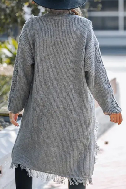 Fringed Trim Weave Cardigan Collar Outerwear(3 Colors)