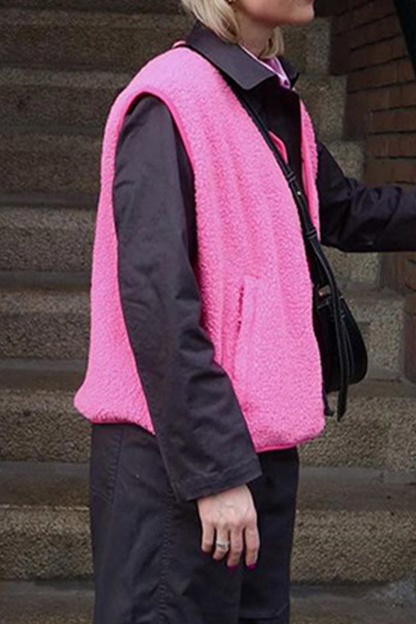 Street Pocket Buttons Fluffy O Neck Waistcoats(3 Colors)