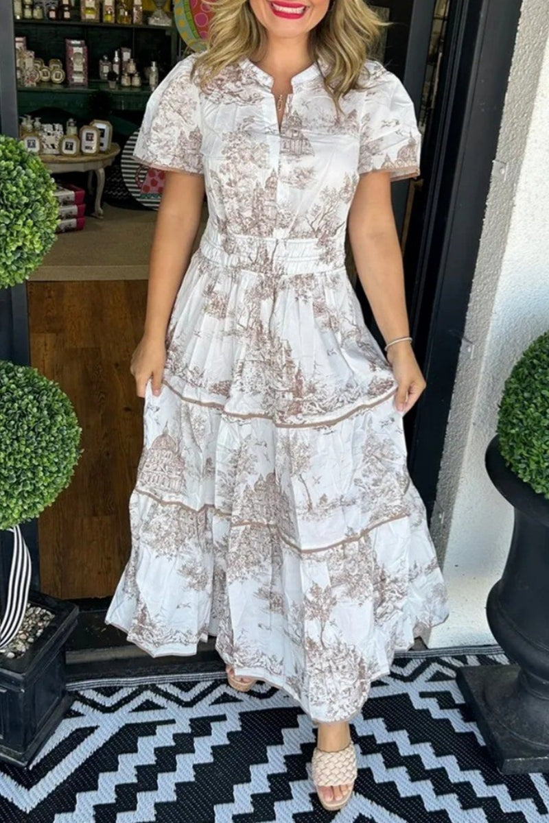 Print Basic V Neck Long Dresses
