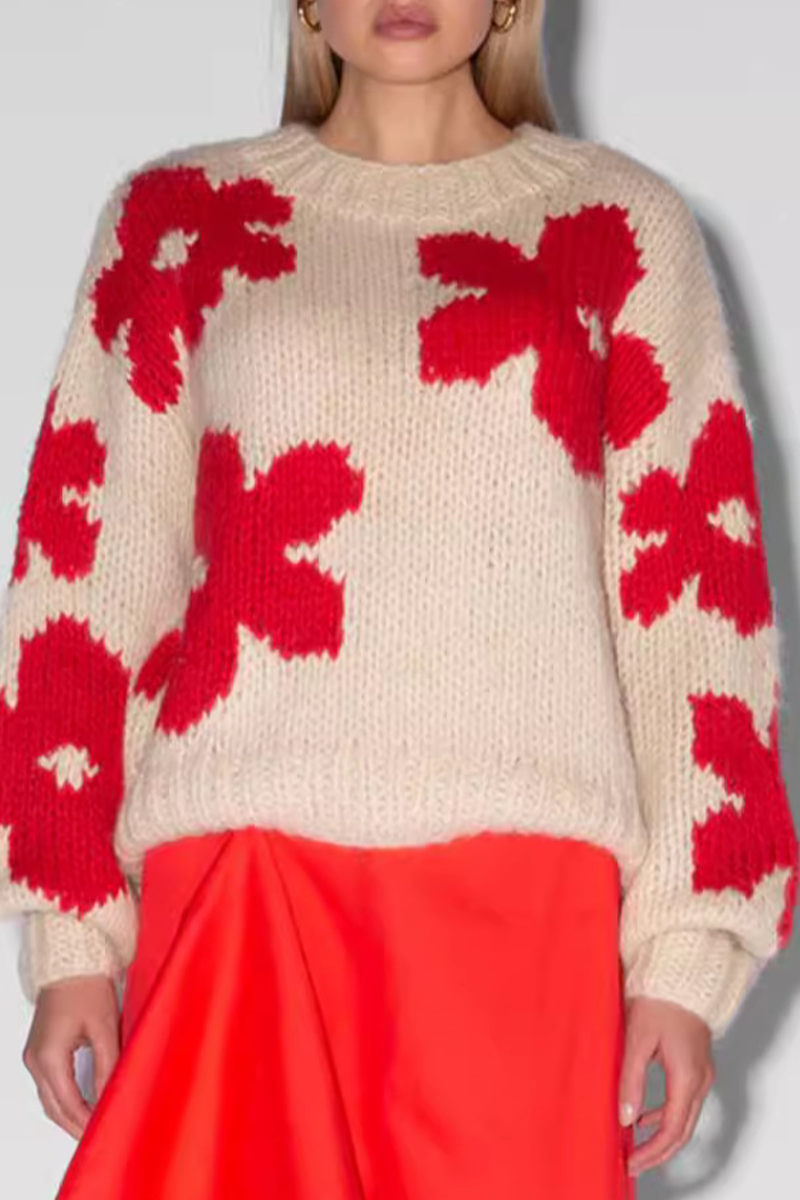 Street Flowers Weave Contrast O Neck Sweaters