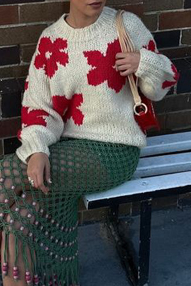 Street Flowers Weave Contrast O Neck Sweaters