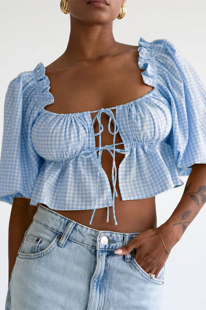 Daily Plaid Lace Up Patchwork Blouses