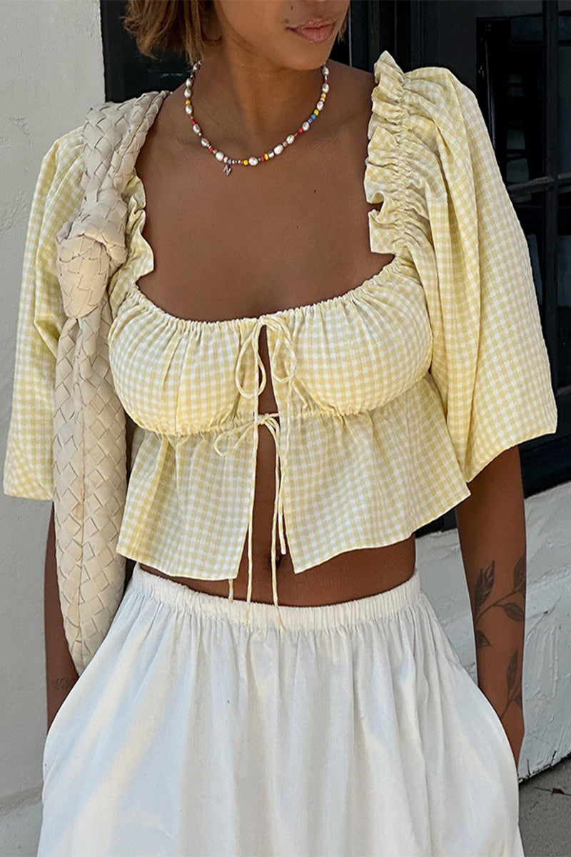 Daily Plaid Lace Up Patchwork Blouses