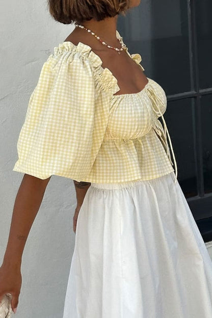 Daily Plaid Lace Up Patchwork Blouses