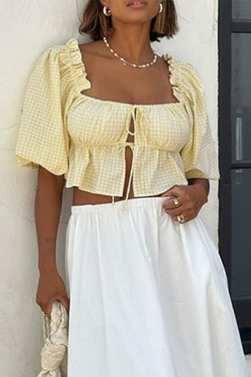 Daily Plaid Lace Up Patchwork Blouses