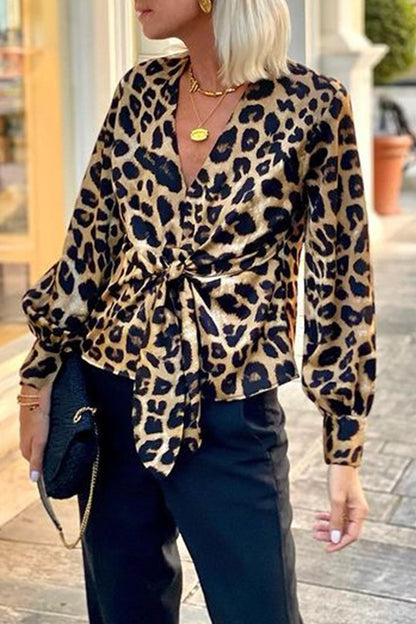 Street Leopard Print Lace Up V Neck Blouses