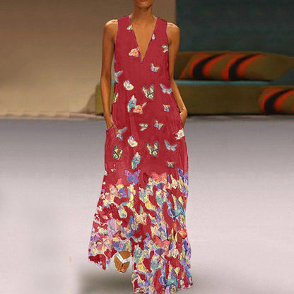 Summer Butterfly Print Beach Dress V-neck Sleeveless Maxi Dress Clothing