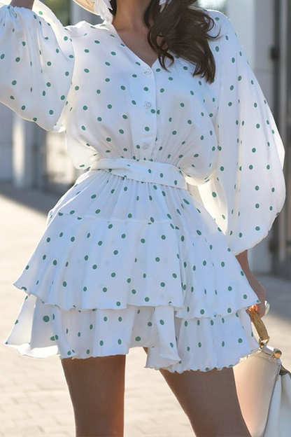 Street Polka Dot Lace Up V Neck Cake Skirt Dresses