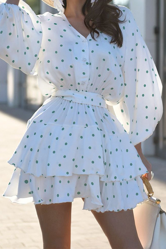 Street Polka Dot Lace Up V Neck Cake Skirt Dresses