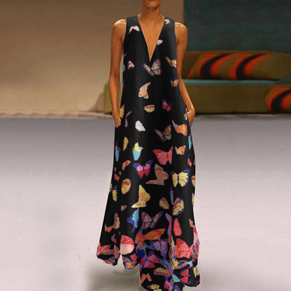 Summer Butterfly Print Beach Dress V-neck Sleeveless Maxi Dress Clothing