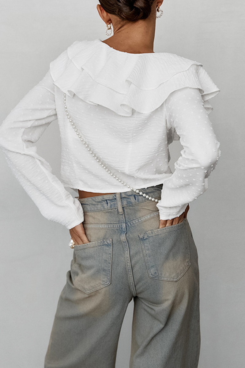 Daily Lace Up Ruffle Fur Ball Lotus Leaf Collar Blouses