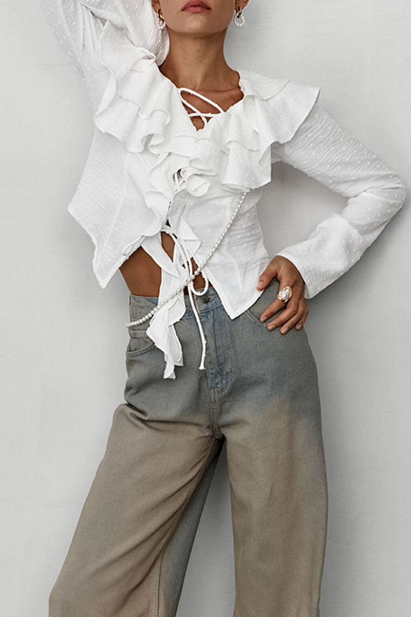 Daily Lace Up Ruffle Fur Ball Lotus Leaf Collar Blouses