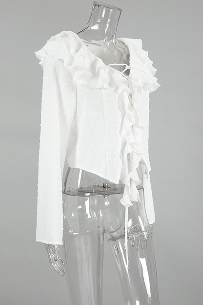 Daily Lace Up Ruffle Fur Ball Lotus Leaf Collar Blouses