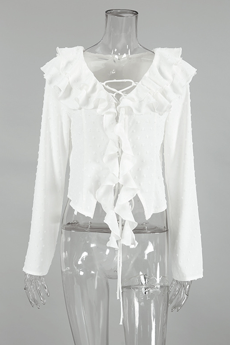 Daily Lace Up Ruffle Fur Ball Lotus Leaf Collar Blouses