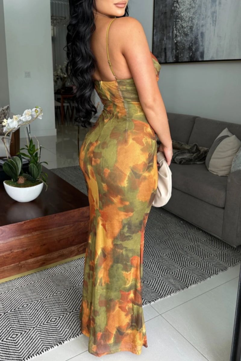 Print Backless Belted Spaghetti Strap Long Dresses