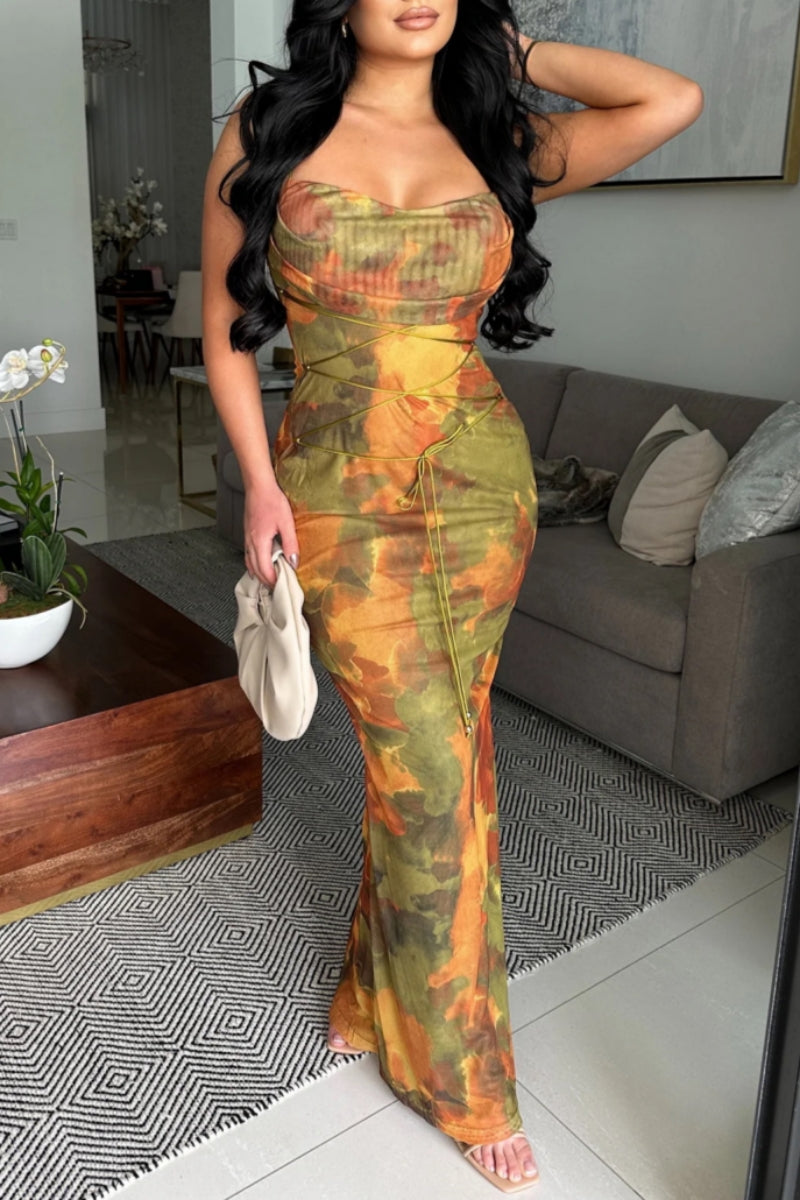 Print Backless Belted Spaghetti Strap Long Dresses