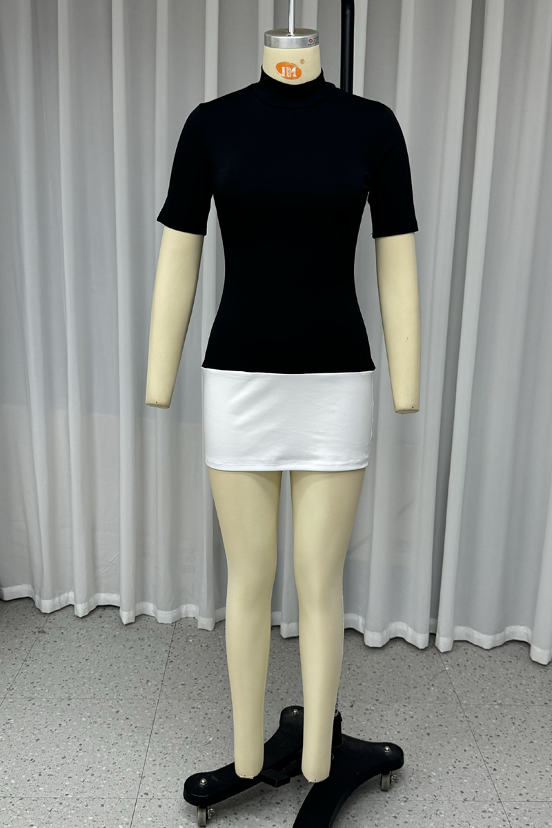 Patchwork Contrast O Neck Mini Dresses