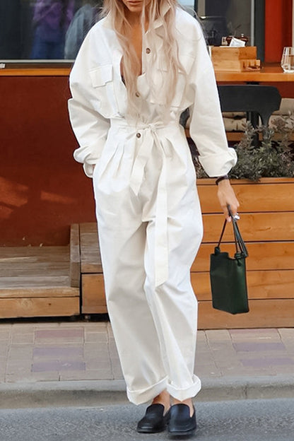 Street Lace Up Buttons Turndown Collar Loose Jumpsuits