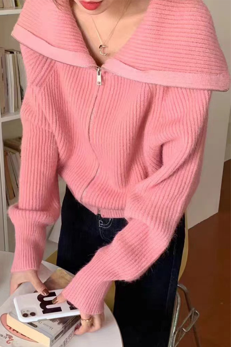 Zipper Turndown Collar Cardigans(7 Colors)