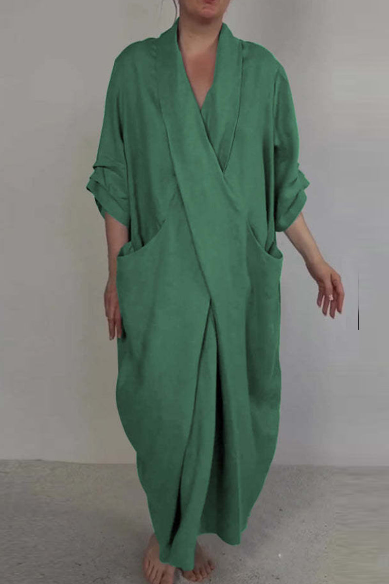 Color Pocket Slit V Neck Long Dresses(7 Colors)