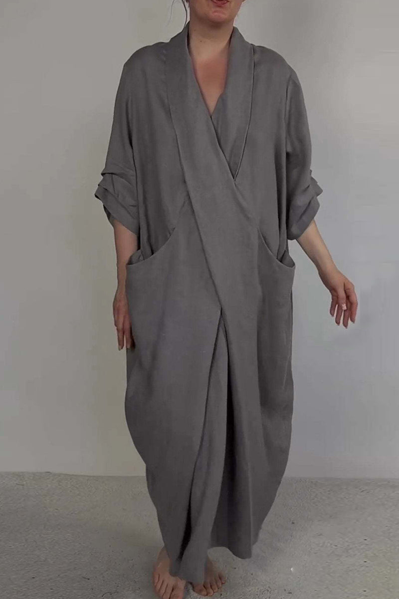 Color Pocket Slit V Neck Long Dresses(7 Colors)