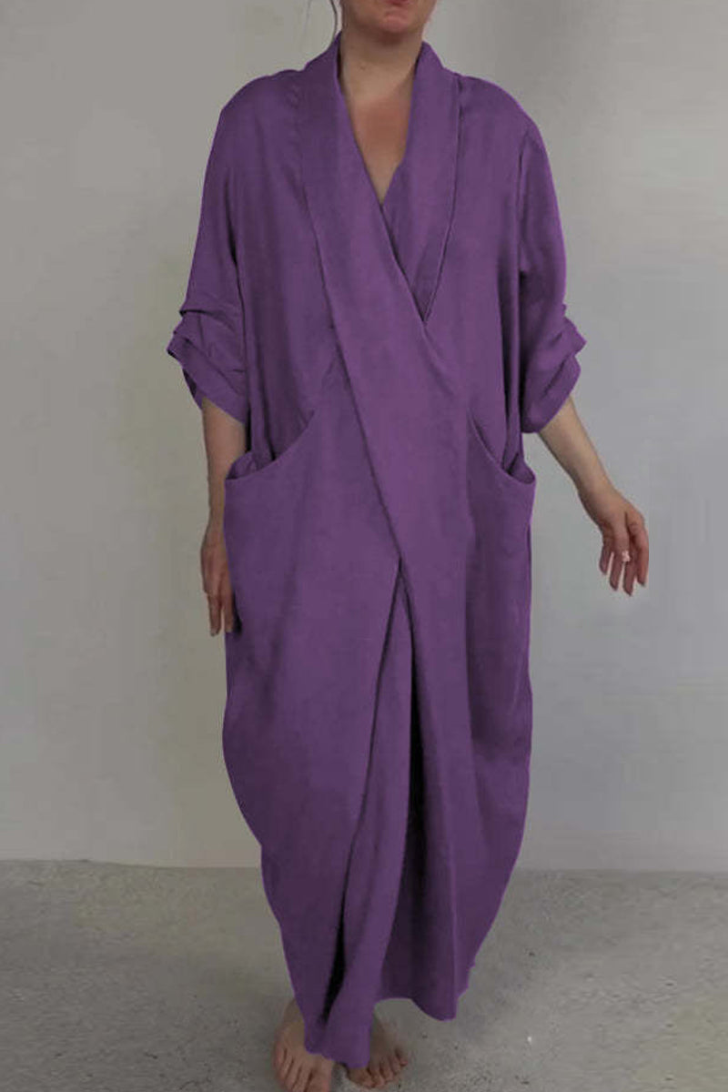 Color Pocket Slit V Neck Long Dresses(7 Colors)