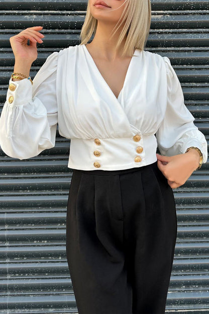 Daily Buttons V Neck Blouses(3 Colors)