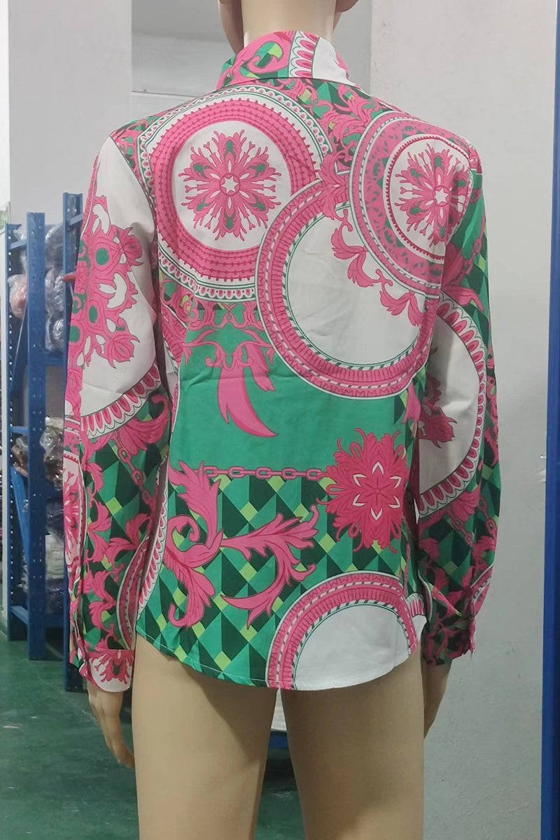 Print Buttons Contrast Turndown Collar Blouses
