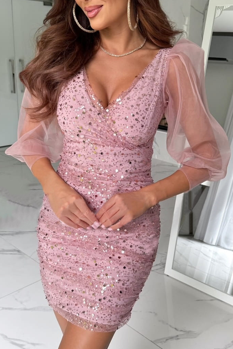 Sequins Sequined Mesh V Neck Wrapped Skirt Dresses