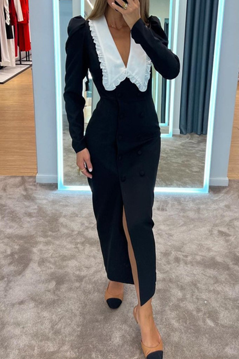 Celebrities Slit Contrast Peter Pan Collar One Step Skirt Dresses