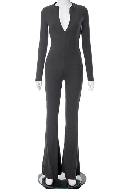 Street Zipper O Neck Skinny Jumpsuits