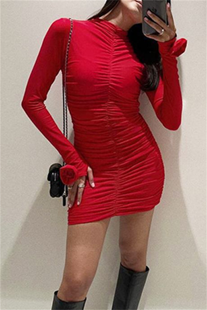 Ruched Half a Turtleneck Wrapped Skirt Dresses(4 Colors)