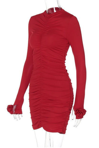Ruched Half a Turtleneck Wrapped Skirt Dresses(4 Colors)