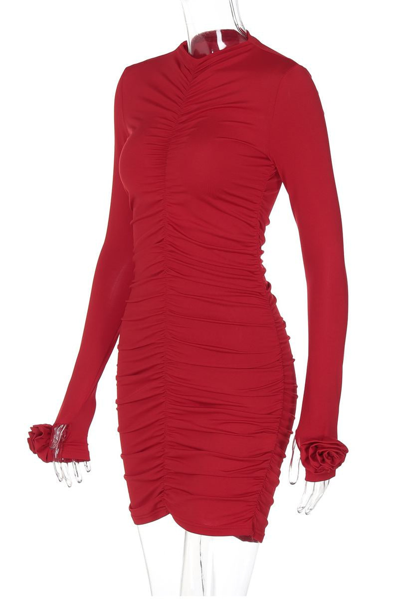 Ruched Half a Turtleneck Wrapped Skirt Dresses(4 Colors)