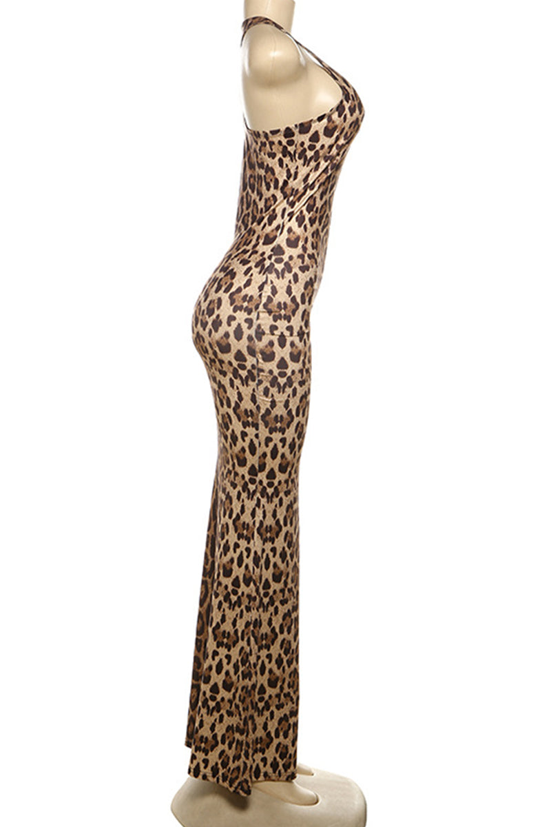 Leopard Print Patchwork Backless Halter Long Dresses