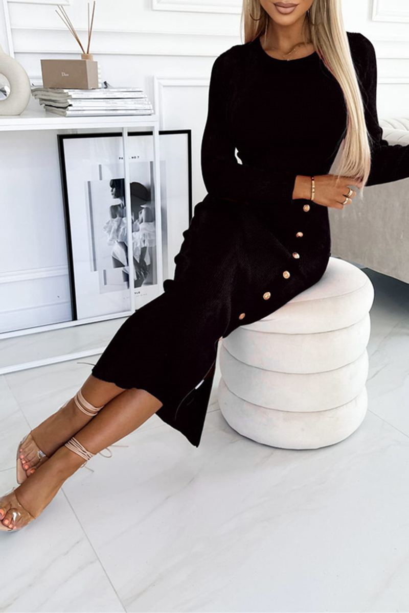 Buttons Slit Potholes O Neck Wrapped Skirt Dresses