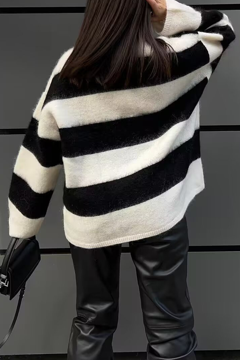 Stripe Fluffy Contrast O Neck Sweaters