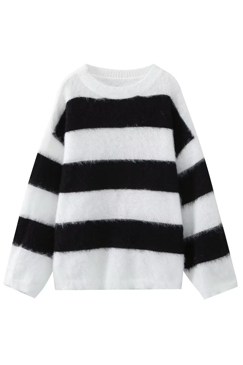 Stripe Fluffy Contrast O Neck Sweaters