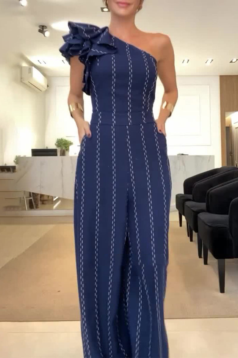 Stripe Irregular Stringy Selvedge Sloping Shoulder Loose Jumpsuits