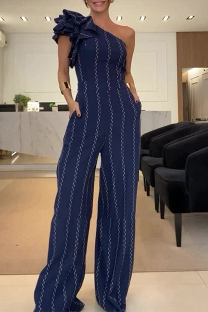 Stripe Irregular Stringy Selvedge Sloping Shoulder Loose Jumpsuits
