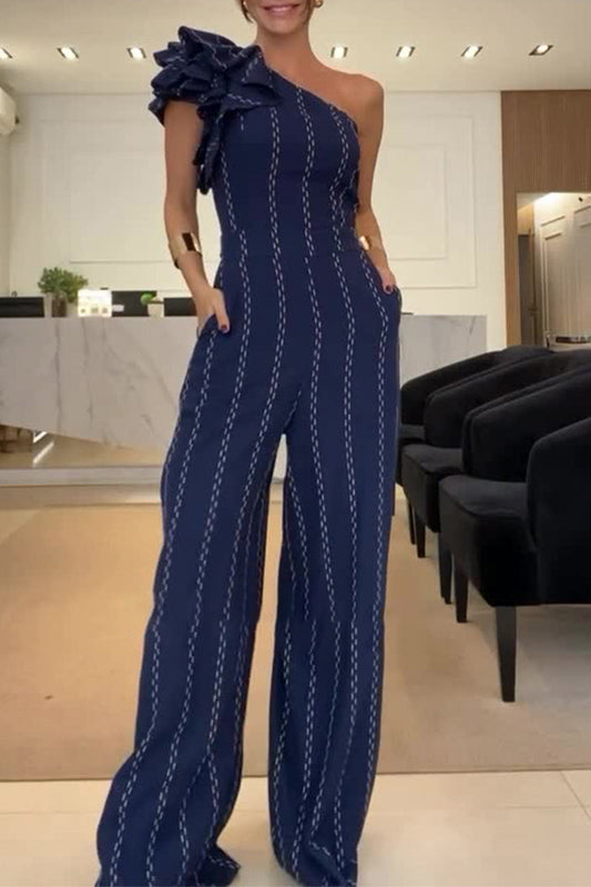Stripe Irregular Stringy Selvedge Sloping Shoulder Loose Jumpsuits